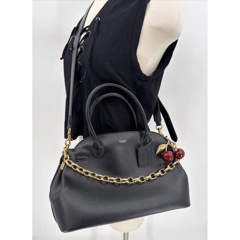 Coach Empire Carryall 26 Womens Black Leather Satchel w/Signature Chain & Cherry